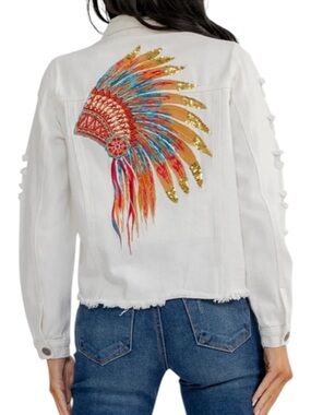 Savanna Jane White Denim Jacket with Colorful Feather Headdress Embroidery